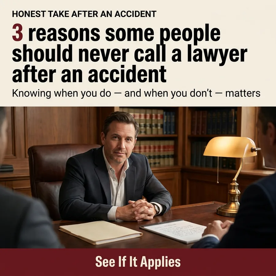 Static ad, Personal injury law · US: “3 reasons some people should never call a lawyer after an accident…”