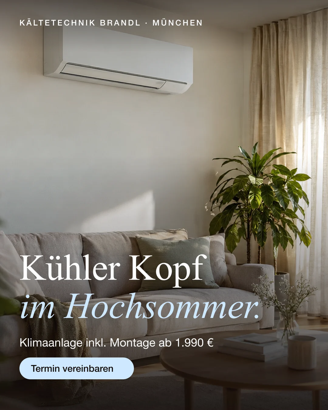 Bildanzeige, Beispiel · Klimatechnik, München: „Kühler Kopf im Hochsommer. Klimaanlage inkl. Montage ab 1.990 €.“