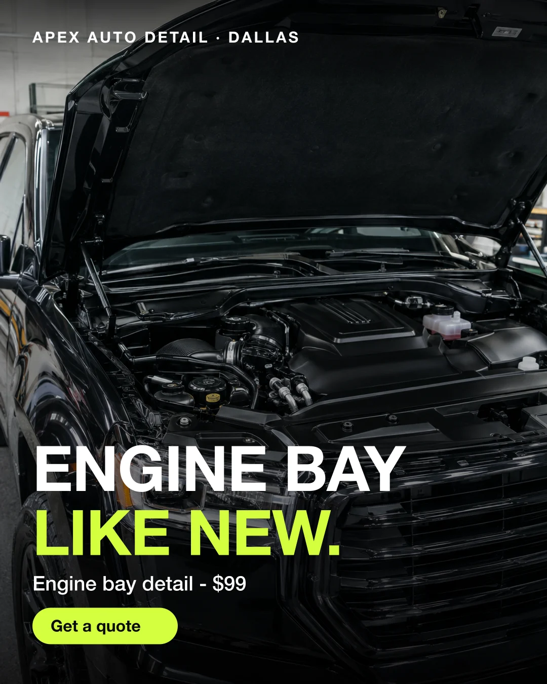 Static ad, Car detailing · Dallas, TX: “Engine bay like new. $99.”