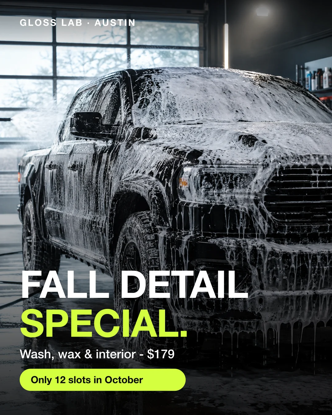 Static ad, Car detailing · Austin, TX: “Fall detail special: wash, wax & interior - $179.”