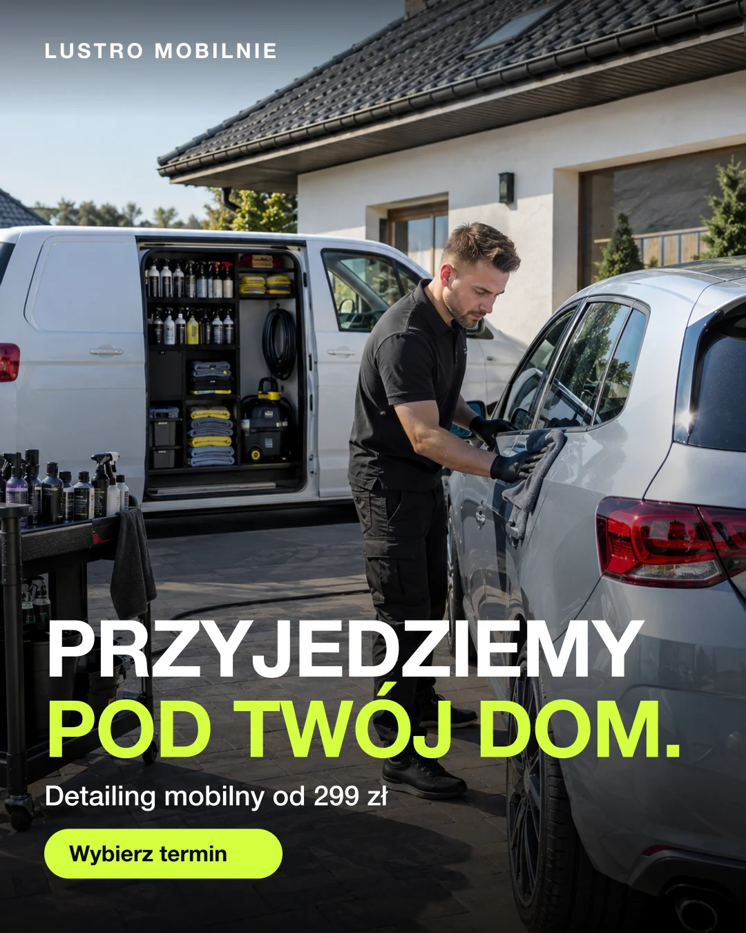 Reklama statyczna, Detailing · Warszawa: „Przyjedziemy pod Twój dom. Detailing mobilny od 299 zł.”