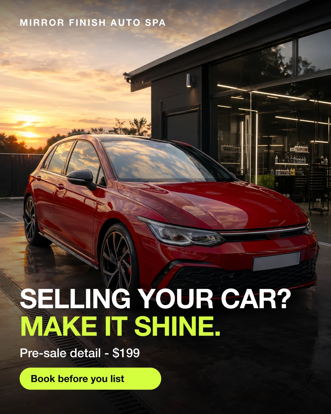 Static ad, Car detailing · Texas: “Selling your car? Make it shine. $199.”