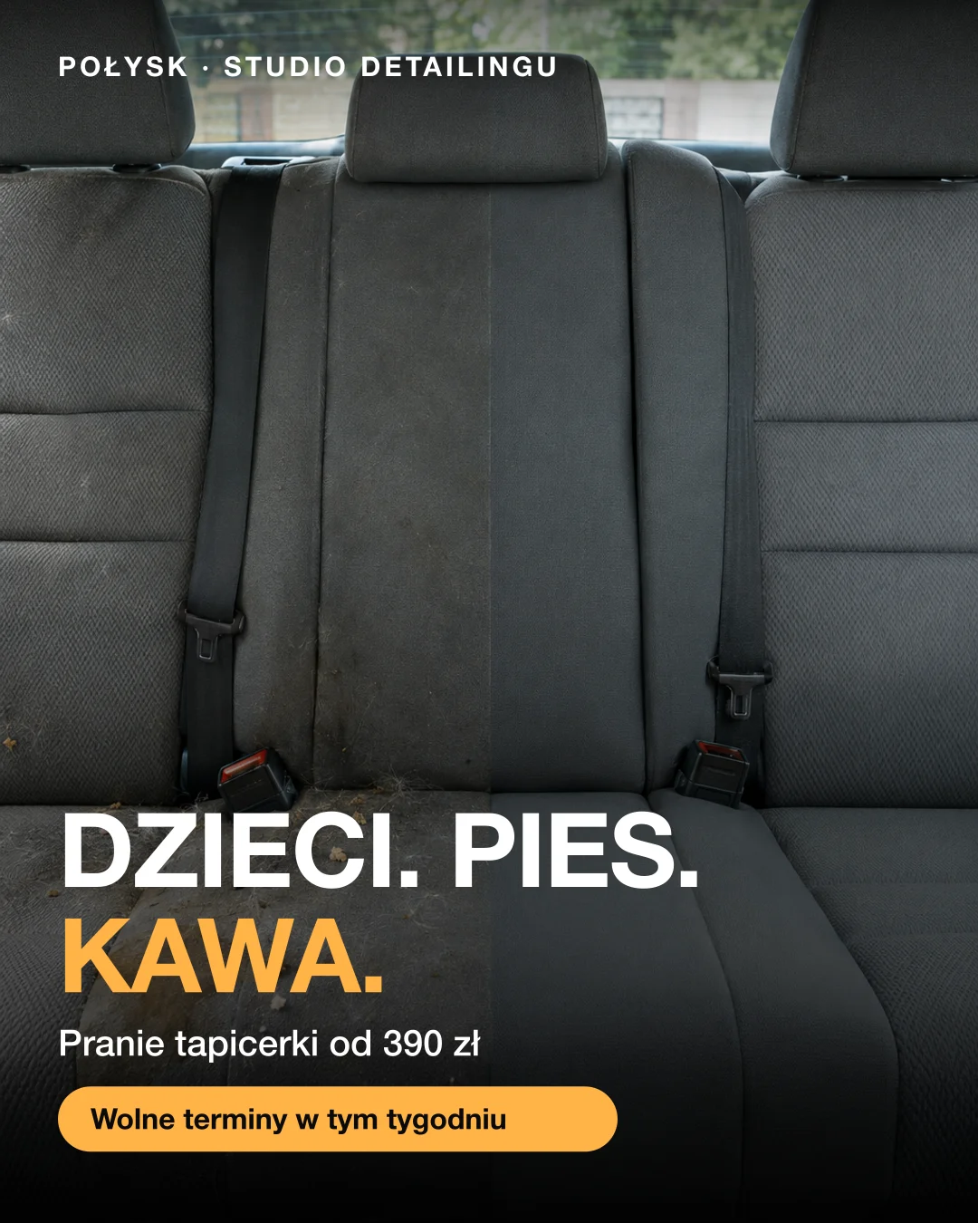 Reklama statyczna, Studio detailingu · Polska: „Dzieci. Pies. Kawa. Pranie tapicerki od 390 zł.”