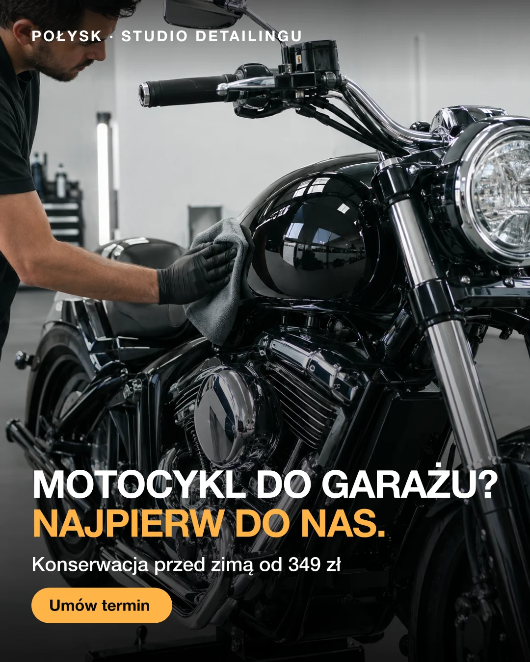 Reklama statyczna, Studio detailingu · Polska: „Motocykl do garażu? Najpierw do nas.”