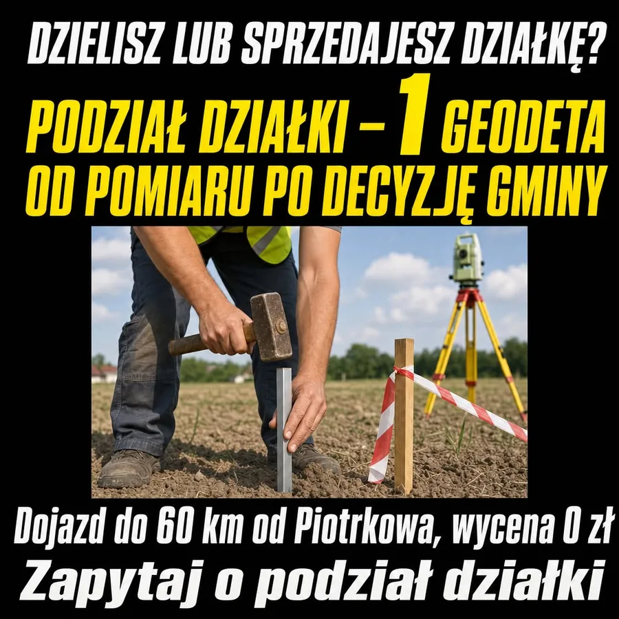 Reklama statyczna, Geodezja · Piotrków: „Podział działki – Piotrków i okolice. Od pomiaru po decyzję gminy.”
