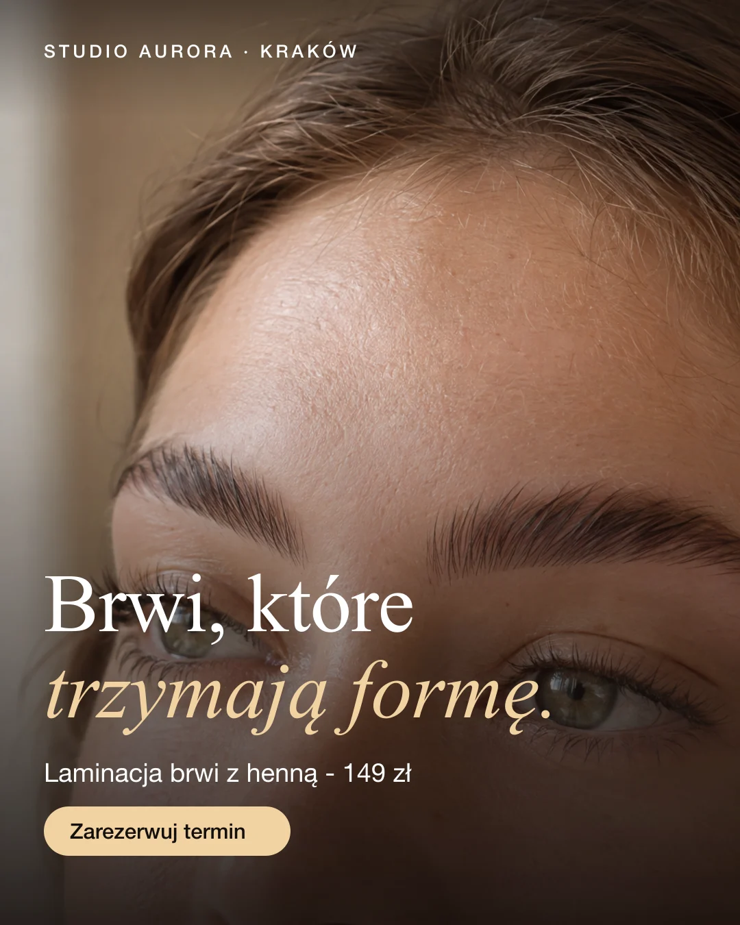 Reklama statyczna, Salon kosmetyczny · Kraków: „Brwi, które trzymają formę. Laminacja z henną - 149 zł.”
