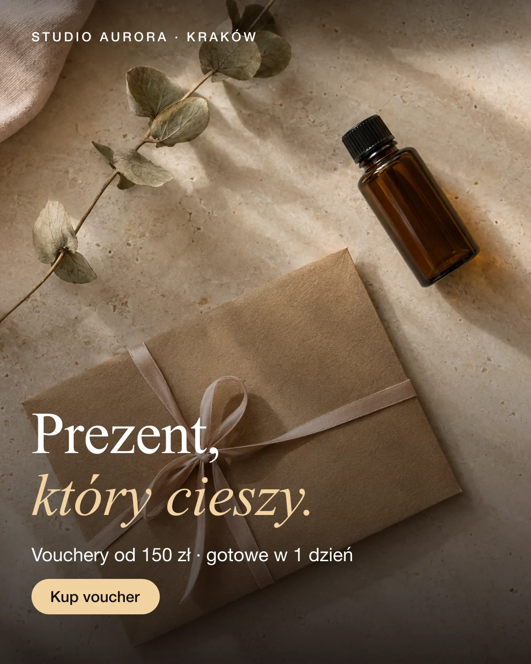Reklama statyczna, Salon kosmetyczny · Kraków: „Prezent, który cieszy. Vouchery od 150 zł.”