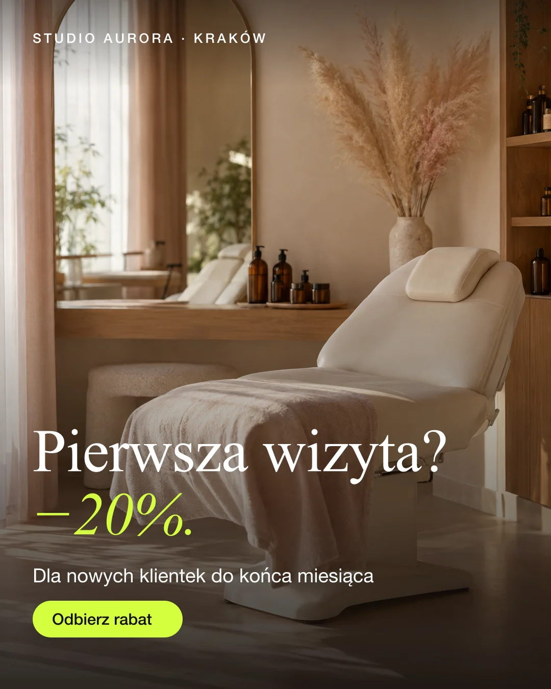 Reklama statyczna, Salon kosmetyczny · Kraków: „Pierwsza wizyta? −20% dla nowych klientek.”