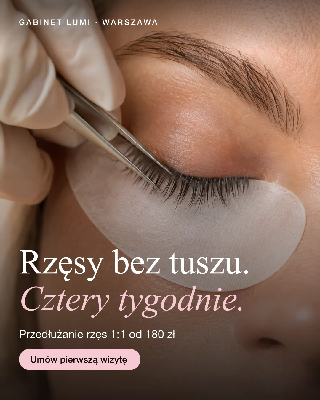 Reklama statyczna, Gabinet kosmetologii · Warszawa: „Rzęsy bez tuszu. Cztery tygodnie. Przedłużanie 1:1 od 180 zł.”