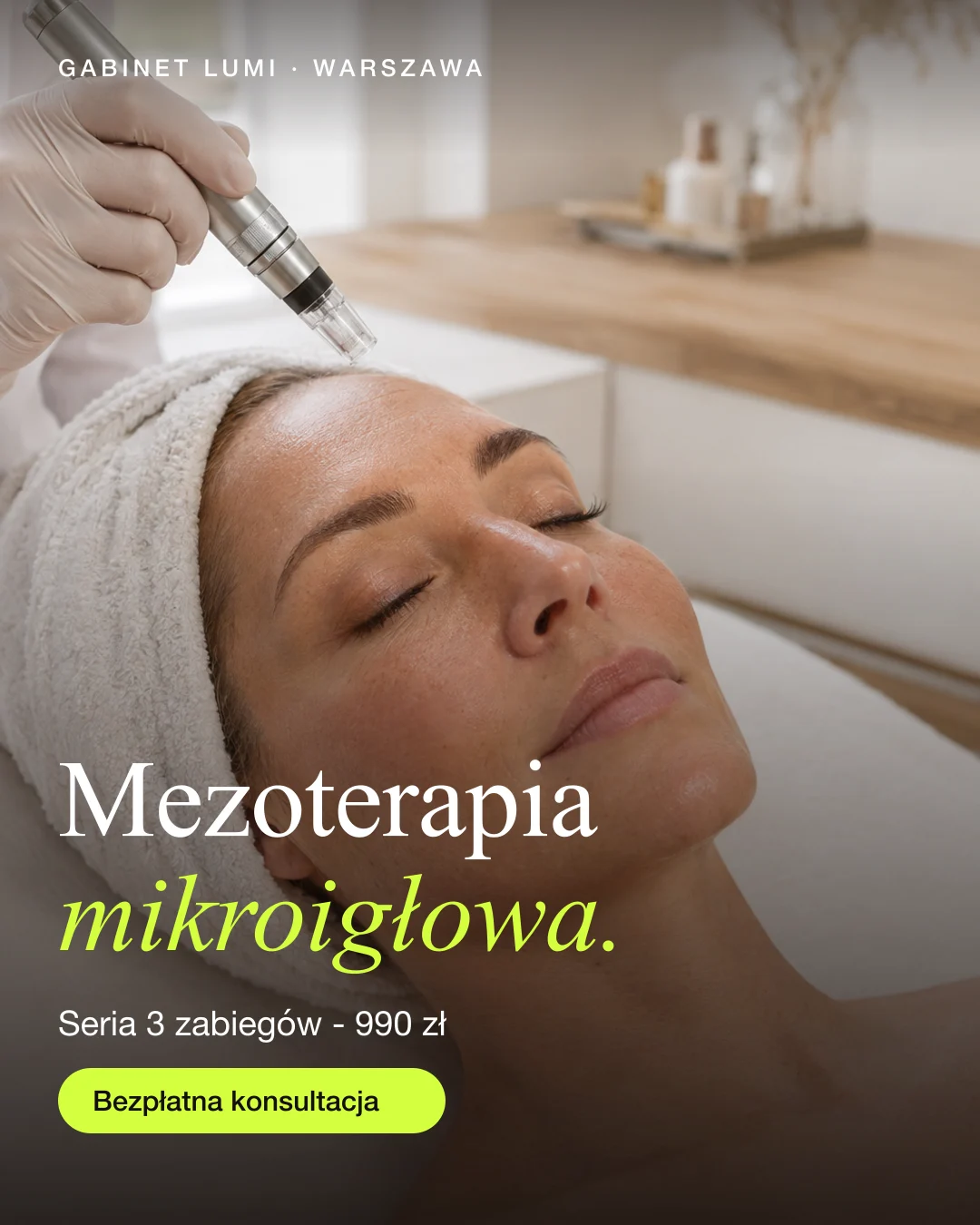Reklama statyczna, Gabinet kosmetologii · Warszawa: „Mezoterapia mikroigłowa. Seria 3 zabiegów - 990 zł.”