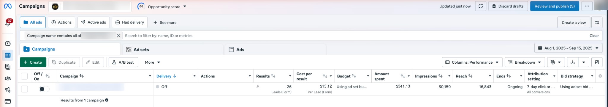 Meta Ads Manager screenshot, Aug 1 to Sep 15, 2025, campaign run by hand: 26 leads